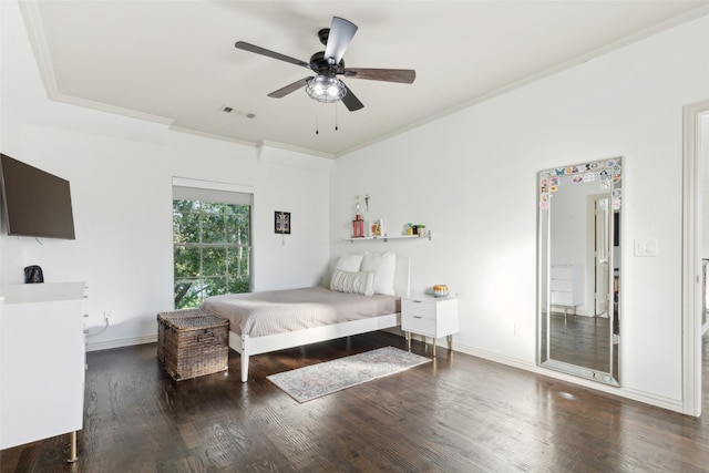 1104 Windsor Dr, Mckinney, TX 75072 - bedroom with ornamental molding, wood finished floors, a ceiling fan, and baseboards