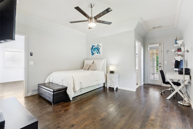 1104 Windsor Dr, Mckinney, TX 75072 - bedroom with crown molding, wood finished floors, baseboards, ceiling fan, and an office area