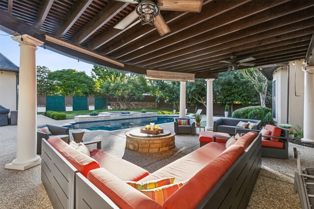 1104 Windsor Dr, Mckinney, TX 75072 - view of patio featuring a ceiling fan, outdoor lounge area, a hot tub, and a fenced backyard