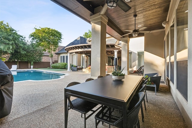 1104 Windsor Dr, Mckinney, TX 75072 - view of swimming pool featuring ceiling fan, a patio, and outdoor dining space