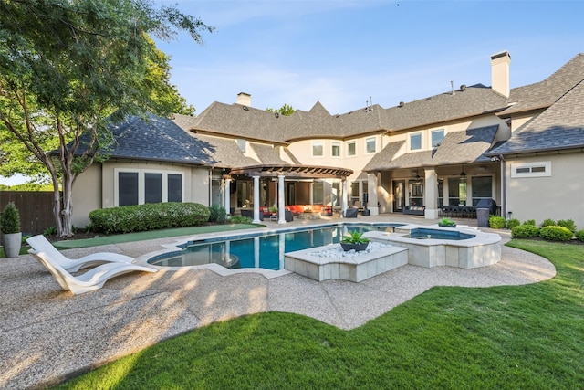 1104 Windsor Dr, Mckinney, TX 75072 - back of property with a pergola, stucco siding, a patio, and a pool with connected hot tub
