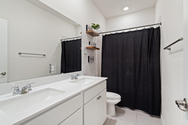 3934 Faulkner Ave, Celina, TX 76227 - full bathroom featuring toilet, tile patterned floors, double vanity, and a shower with curtain