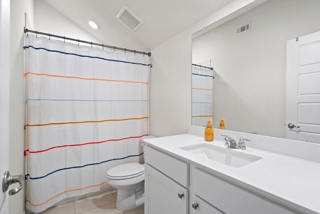 3934 Faulkner Ave, Celina, TX 76227 - bathroom featuring vaulted ceiling, tile patterned flooring, toilet, vanity, and a shower with shower curtain