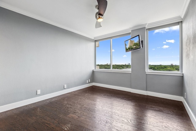6211 W NW Unit 701, Dallas, TX 75225 - empty room featuring crown molding, a ceiling fan, wood-type flooring, and baseboards