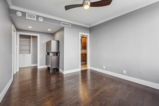 6211 W NW Unit 701, Dallas, TX 75225 - unfurnished living room featuring a ceiling fan, baseboards, ornamental molding, wood finished floors, and recessed lighting