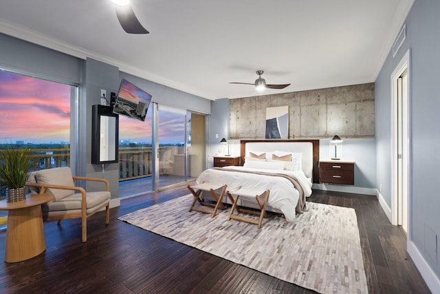 6211 W NW Unit 701, Dallas, TX 75225 - bedroom with access to outside, wood finished floors, baseboards, ornamental molding, and ceiling fan