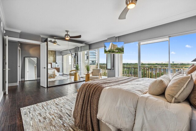 6211 W NW Unit 701, Dallas, TX 75225 - bedroom featuring crown molding, baseboards, hardwood / wood-style flooring, and access to exterior