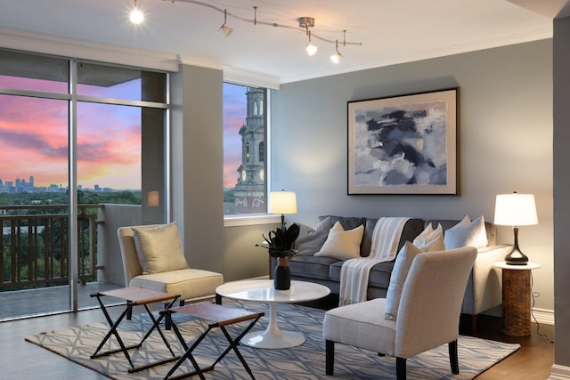 6211 W NW Unit 701, Dallas, TX 75225 - living area featuring wood finished floors, floor to ceiling windows, track lighting, a view of city, and healthy amount of natural light