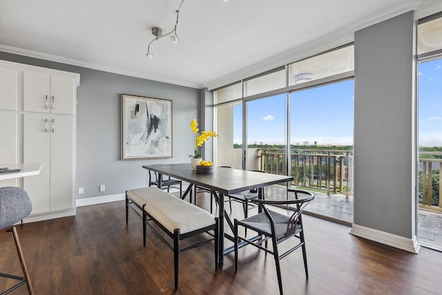6211 W NW Unit 701, Dallas, TX 75225 - dining room with dark wood-style floors, baseboards, ornamental molding, and floor to ceiling windows