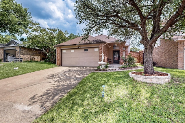 208 Lydia Cir, Irving, TX 75060 - ranch-style house with concrete driveway, brick siding, a garage, and a front lawn