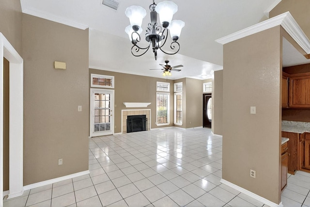 208 Lydia Cir, Irving, TX 75060 - unfurnished living room featuring a fireplace, a chandelier, baseboards, and ornamental molding