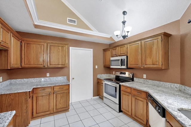 208 Lydia Cir, Irving, TX 75060 - kitchen featuring stainless steel appliances, vaulted ceiling, brown cabinets, light tile patterned flooring, and a chandelier