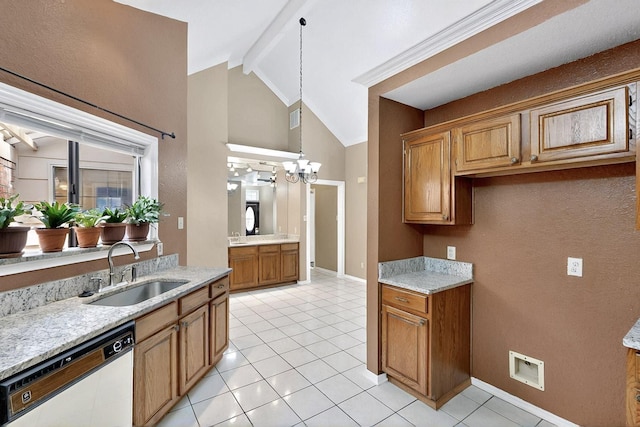 208 Lydia Cir, Irving, TX 75060 - kitchen featuring dishwasher, a sink, light tile patterned flooring, beamed ceiling, and brown cabinets