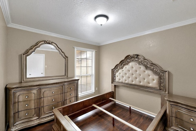 208 Lydia Cir, Irving, TX 75060 - bedroom featuring ornamental molding, a textured ceiling, and dark wood finished floors