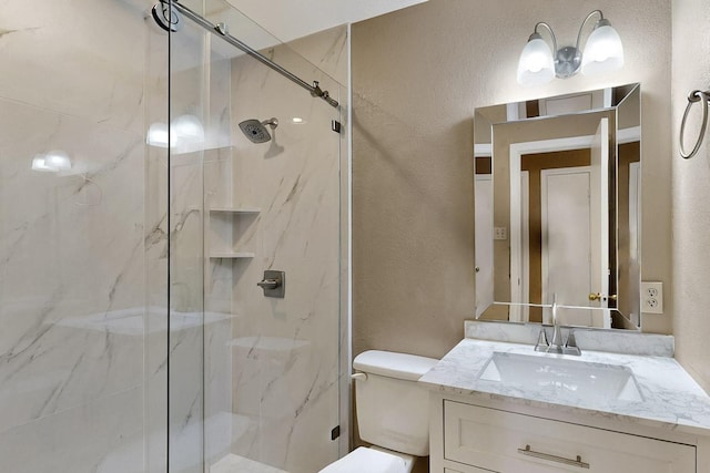 208 Lydia Cir, Irving, TX 75060 - bathroom featuring a marble finish shower, a textured wall, vanity, and toilet