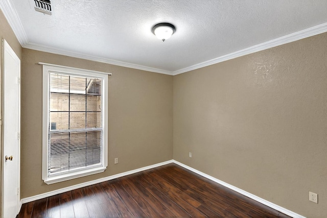 208 Lydia Cir, Irving, TX 75060 - spare room with dark wood-type flooring, baseboards, crown molding, and a textured ceiling