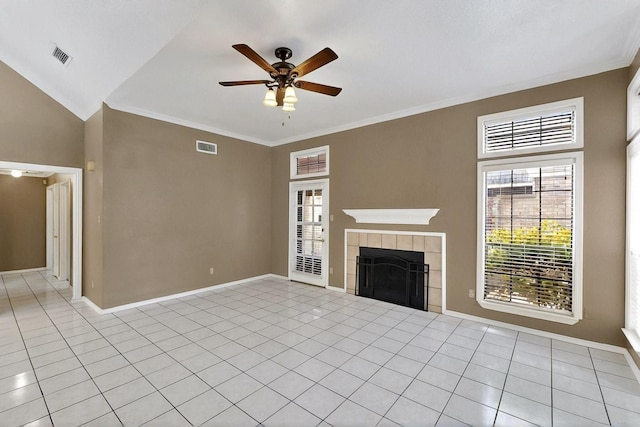 208 Lydia Cir, Irving, TX 75060 - unfurnished living room featuring ceiling fan, a tile fireplace, ornamental molding, baseboards, and light tile patterned floors