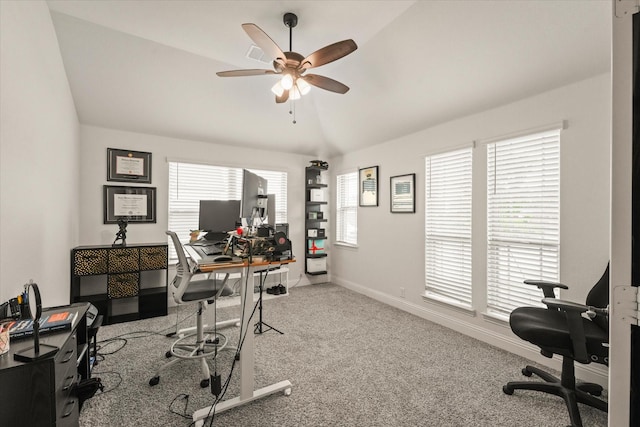 512 Navo Rd, Little Elm, TX 75068 - carpeted home office with lofted ceiling, a ceiling fan, and baseboards