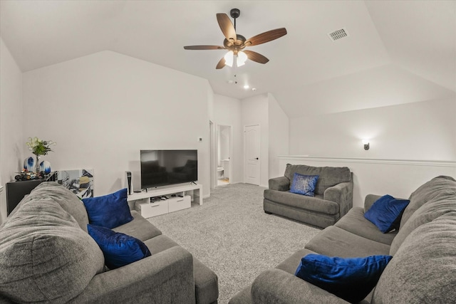 512 Navo Rd, Little Elm, TX 75068 - living room with vaulted ceiling, carpet, and a ceiling fan