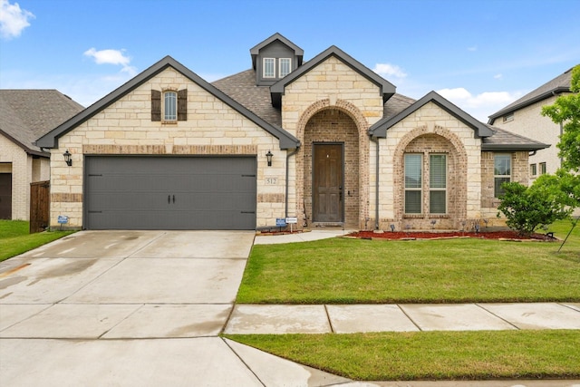 512 Navo Rd, Little Elm, TX 75068 - french country style house featuring brick siding, a shingled roof, a front yard, an attached garage, and stone siding