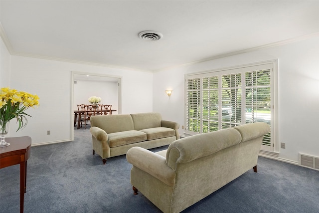 carpeted living area with ornamental molding