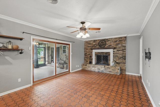 4816 Reynolds Rd, North Richland Hills, TX 76180 - unfurnished living room featuring a ceiling fan, baseboards, ornamental molding, and a brick fireplace