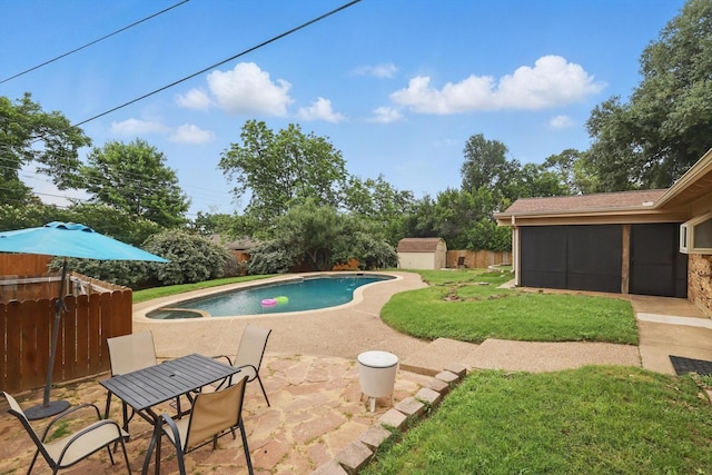4816 Reynolds Rd, North Richland Hills, TX 76180 - view of pool with a shed, a sunroom, a patio, an outdoor structure, and outdoor dining area