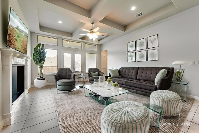 7804 Caddo Cv, Mckinney, TX 75071 - tiled living area featuring coffered ceiling, ceiling fan, baseboards, beam ceiling, and recessed lighting