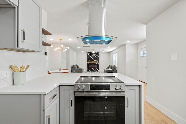 1608 Carolyn St, Irving, TX 75061 - kitchen featuring electric stove, open floor plan, gray cabinets, island range hood, and a peninsula