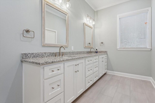 207 Merrifield Dr, Woodway, TX 76712 - full bathroom featuring double vanity, baseboards, and ornamental molding