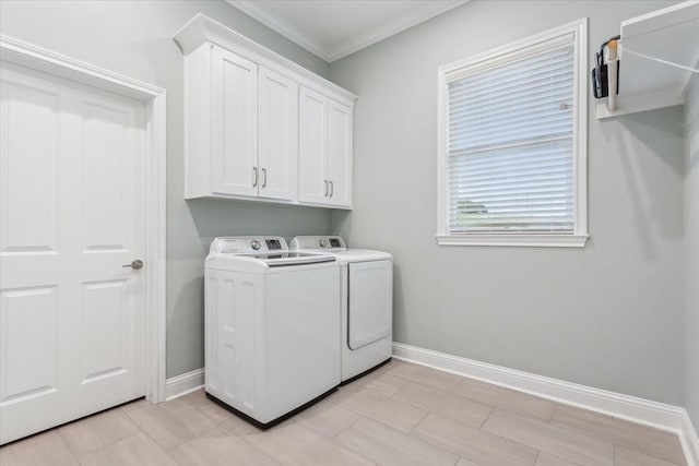 207 Merrifield Dr, Woodway, TX 76712 - laundry room featuring washer and dryer, cabinet space, crown molding, and baseboards