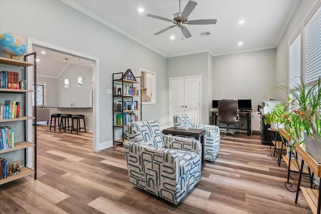 207 Merrifield Dr, Woodway, TX 76712 - sitting room with a ceiling fan, a desk, wood finished floors, healthy amount of natural light, and recessed lighting