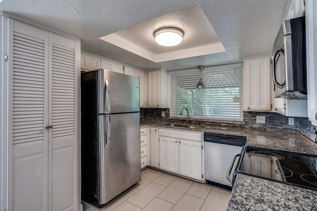 4228 Longleaf Ln, Fort Worth, TX 76137 - kitchen with stainless steel appliances, a raised ceiling, backsplash, white cabinets, and a sink
