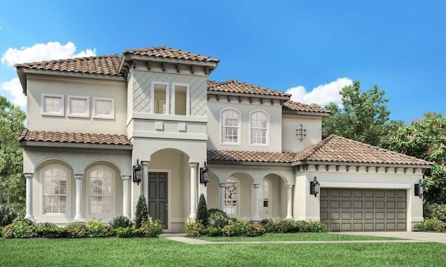 831 Koby Cir, Prosper, TX 75078 - mediterranean / spanish-style house with a garage, stucco siding, a tile roof, and a front lawn