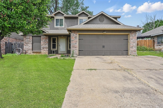 4841 Woodstock Dr, Fort Worth, TX 76137 - view of front of house with driveway, a garage, brick siding, and a shingled roof