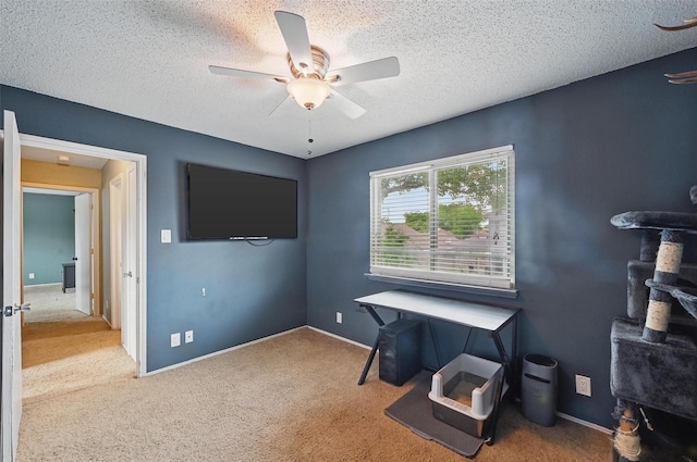 4841 Woodstock Dr, Fort Worth, TX 76137 - office area with ceiling fan, carpet floors, a textured ceiling, and baseboards