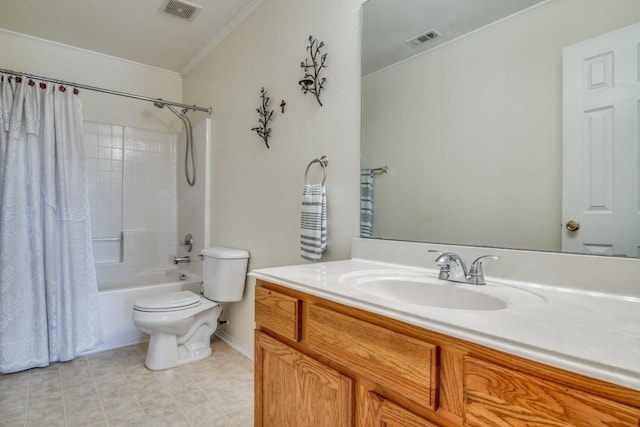 3815 Pinebluff Ln, Rockwall, TX 75032 - bathroom with crown molding, shower / bath combination with curtain, vanity, toilet, and tile patterned floors