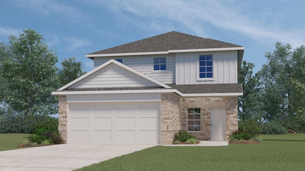 4272 Pope Br, Crandall, TX 75114 - view of front of home featuring stone siding, driveway, a front lawn, and roof with shingles