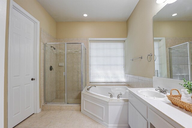 12332 Green Ash Dr, Fort Worth, TX 76244 - full bathroom with a stall shower, tile patterned floors, a garden tub, vanity, and recessed lighting