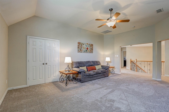 12332 Green Ash Dr, Fort Worth, TX 76244 - carpeted living room featuring ceiling fan, vaulted ceiling, and baseboards