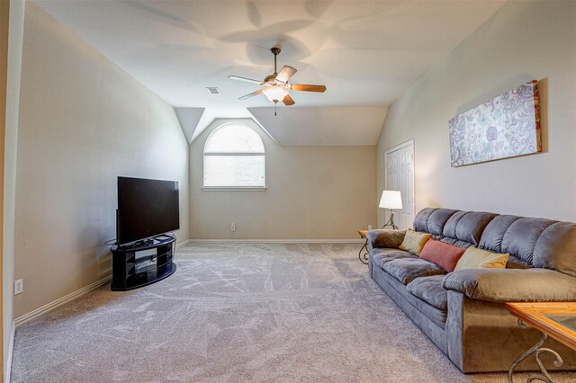 12332 Green Ash Dr, Fort Worth, TX 76244 - living room featuring a ceiling fan, carpet floors, vaulted ceiling, and baseboards