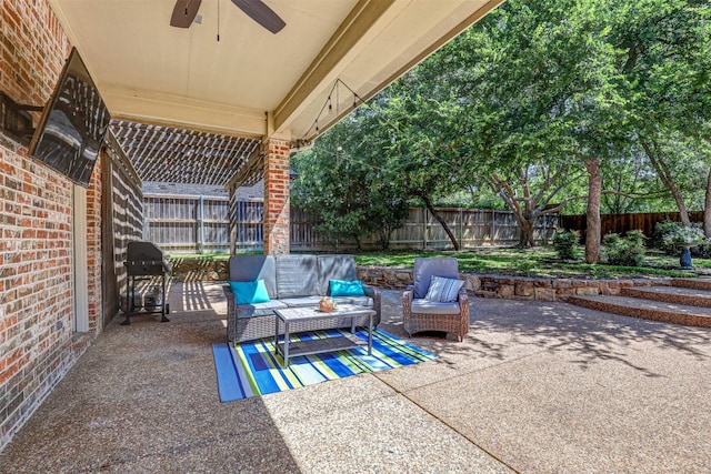 12332 Green Ash Dr, Fort Worth, TX 76244 - view of patio / terrace with outdoor lounge area, a fenced backyard, a ceiling fan, and area for grilling