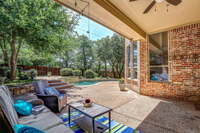 12332 Green Ash Dr, Fort Worth, TX 76244 - view of patio featuring ceiling fan, a fenced backyard, outdoor lounge area, and a pool with connected hot tub
