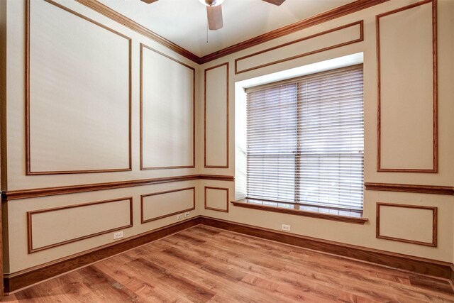 12332 Green Ash Dr, Fort Worth, TX 76244 - spare room with a decorative wall, a ceiling fan, light wood-style flooring, and ornamental molding