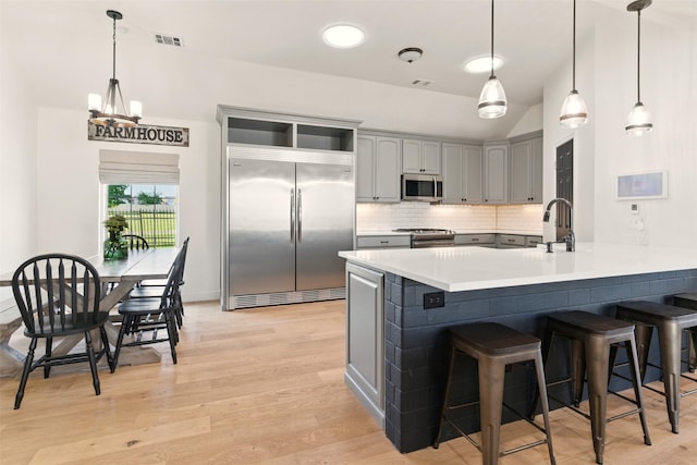 3320 S Fm 548, Royse City, TX 75189 - kitchen with appliances with stainless steel finishes, gray cabinetry, a peninsula, a breakfast bar area, and decorative backsplash