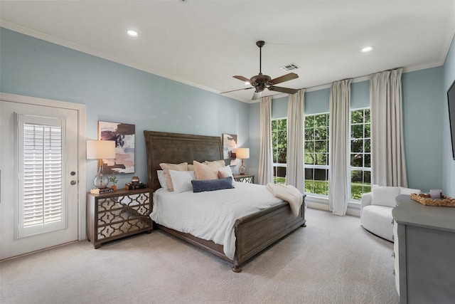 306 Winding Creek Ln, Mcgregor, TX 76657 - carpeted bedroom with crown molding, recessed lighting, ceiling fan, and access to exterior