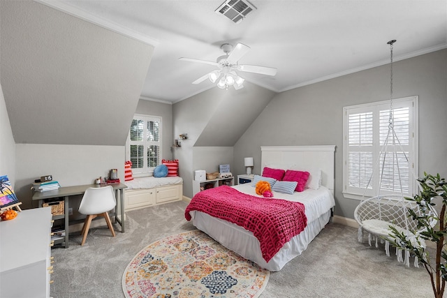 306 Winding Creek Ln, Mcgregor, TX 76657 - bedroom with light carpet, ornamental molding, vaulted ceiling, baseboards, and ceiling fan