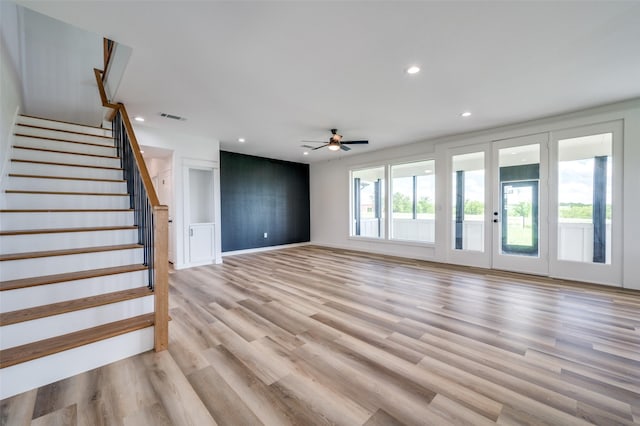 488 Klas Rd, Sherman, TX 75092 - unfurnished living room featuring ceiling fan, recessed lighting, light wood-type flooring, and stairs