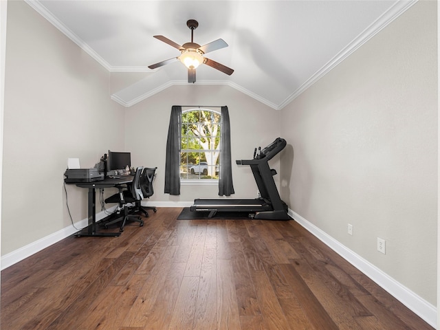 2135 Highland Dr, Wylie, TX 75098 - office space with a ceiling fan, wood finished floors, baseboards, and vaulted ceiling