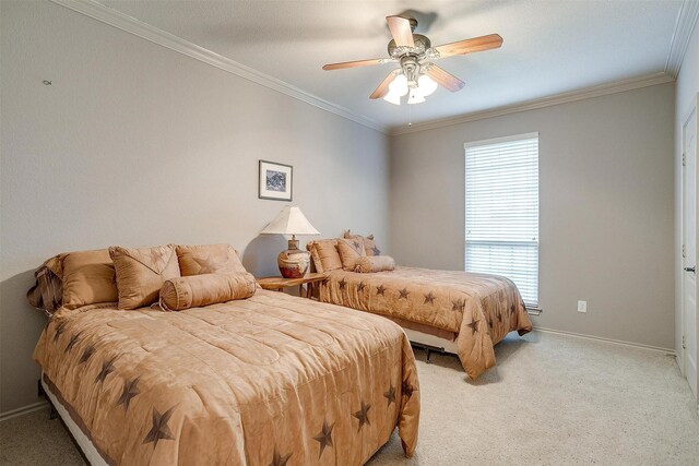122 King Ranch Ct, Fort Worth, TX 76108 - bedroom featuring light colored carpet, baseboards, crown molding, and a ceiling fan
